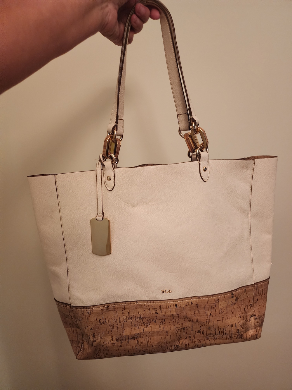 Ralph Lauren Cream Tote with Cork Accent & Gold Hardware